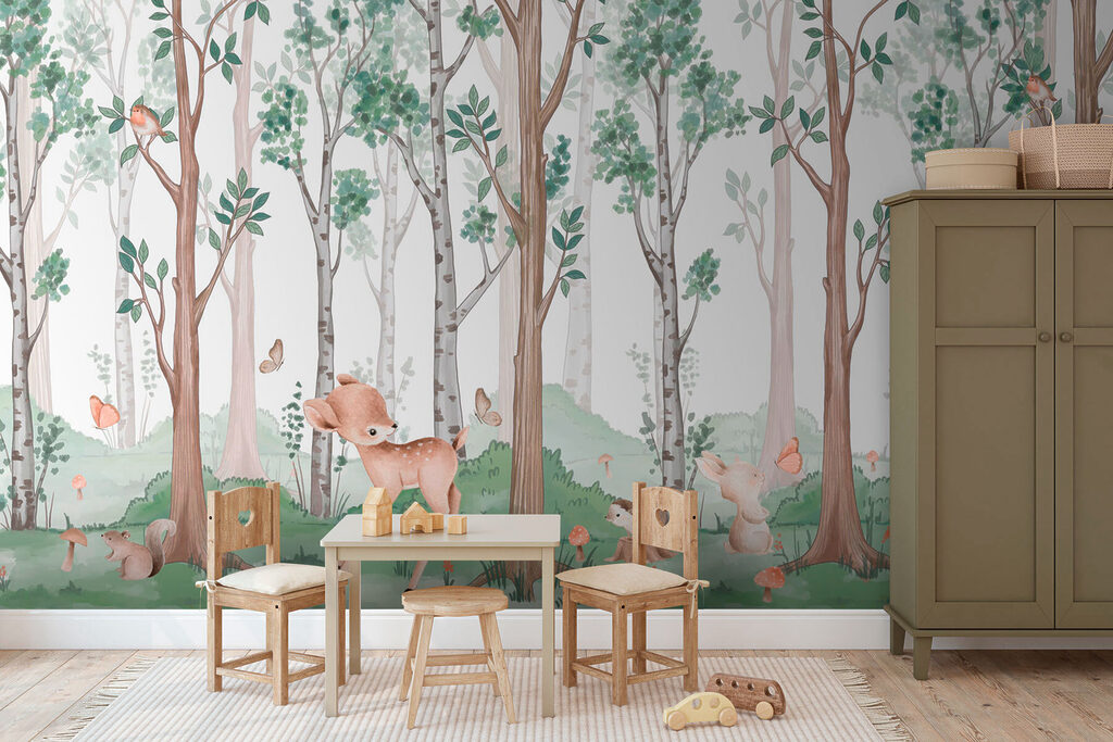Deer between slender trunks — interior 1