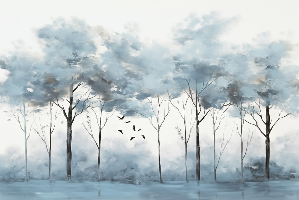 Blue treetops in watercolour — full design