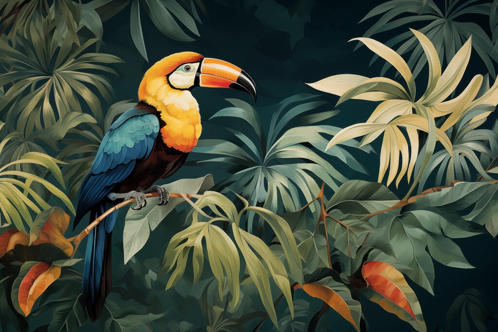 Toucan among golden leaves — full design