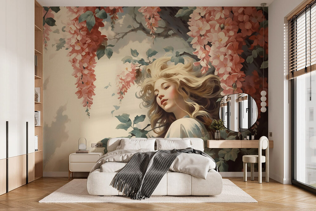 Woman under hanging flowers — interior 1