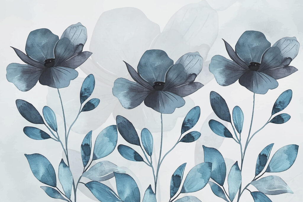 Blue blooms, oval leaves — full design