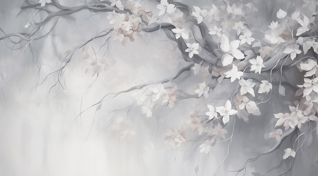 Blossom branches in mist — full design