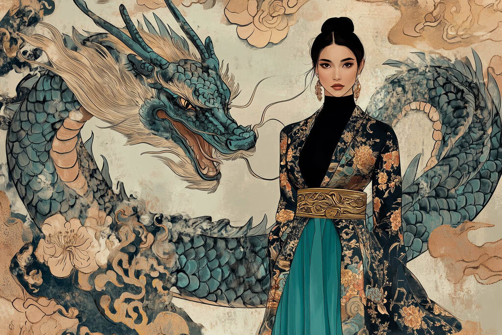 Woman beside a dragon — full design