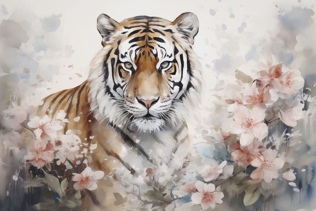 Tiger among delicate blossom — full design