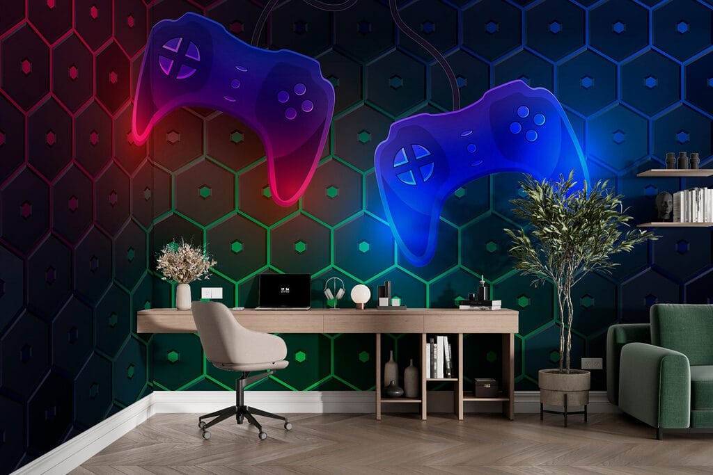 Game controllers and hexagons — interior 1