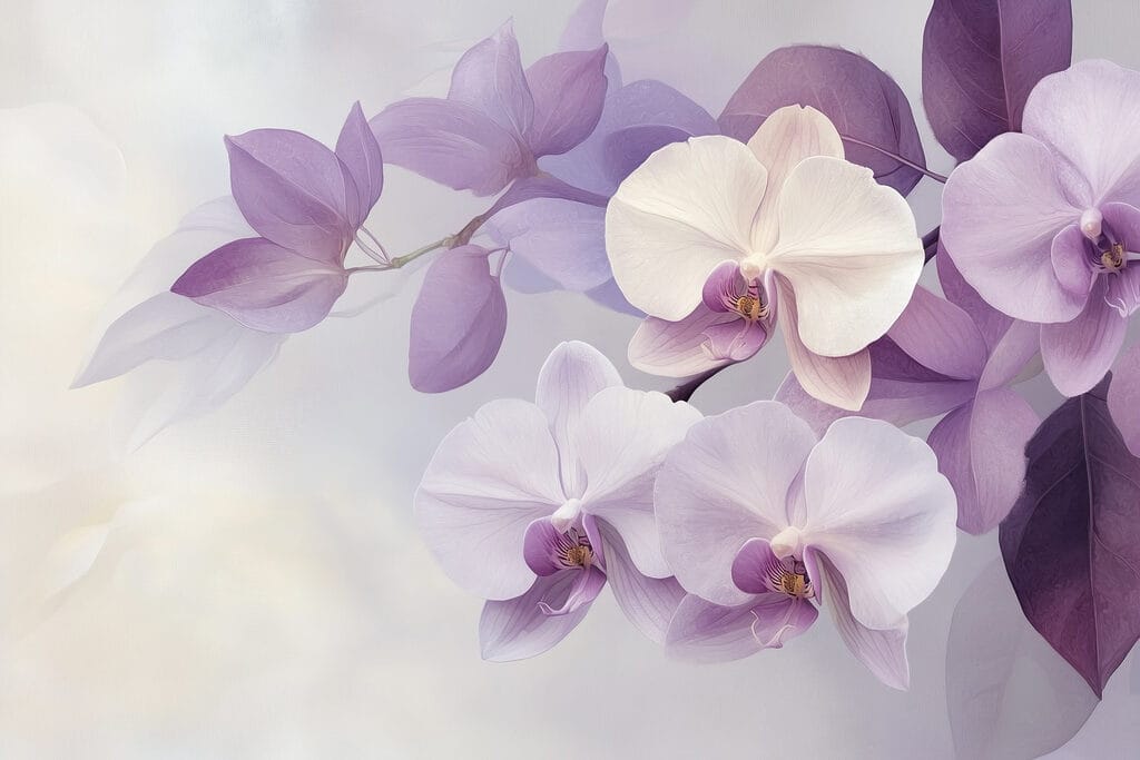 Orchids among purple leaves — full design
