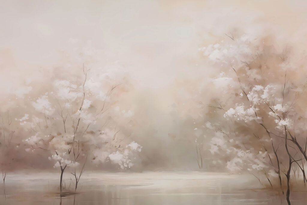 Blossom trees by water — full design