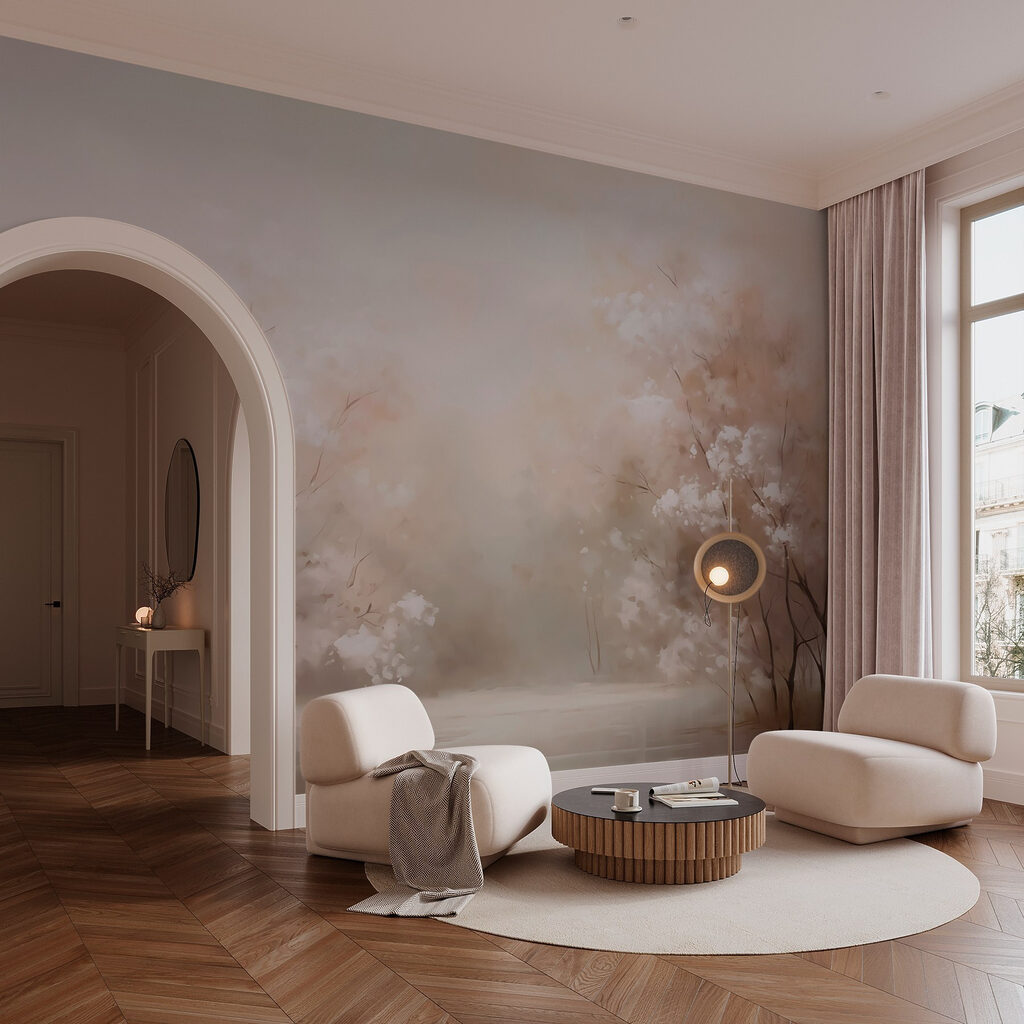 Blossom trees by water — interior 1