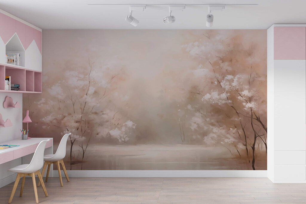 Blossom trees by water — interior 2
