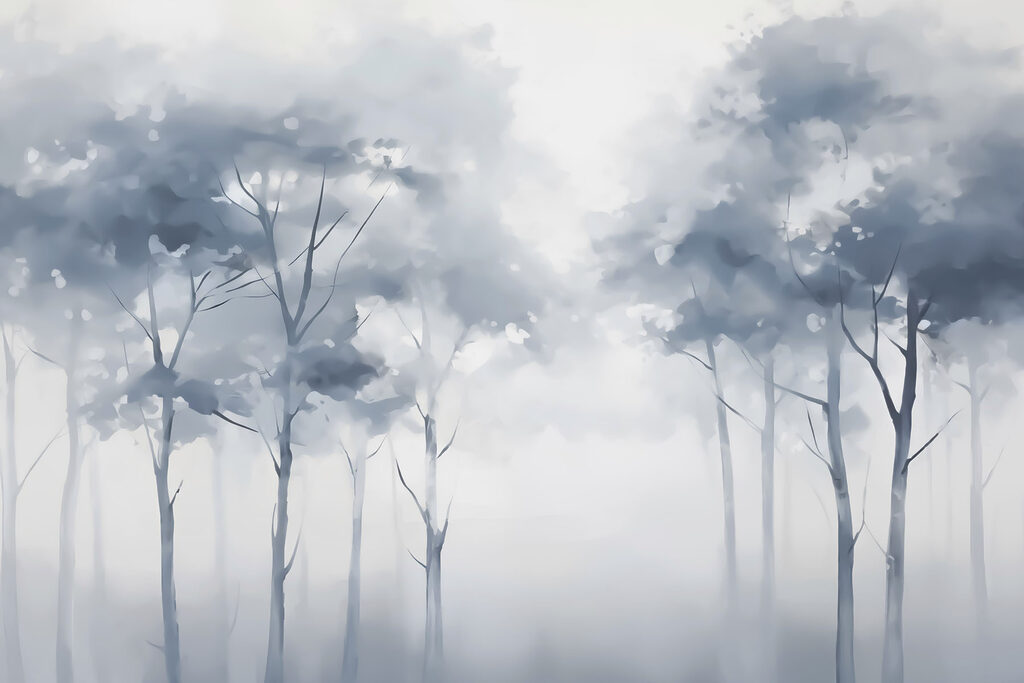 Blue trees behind mist — full design
