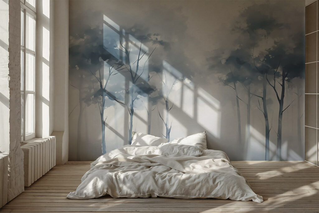 Blue trees behind mist — interior 1