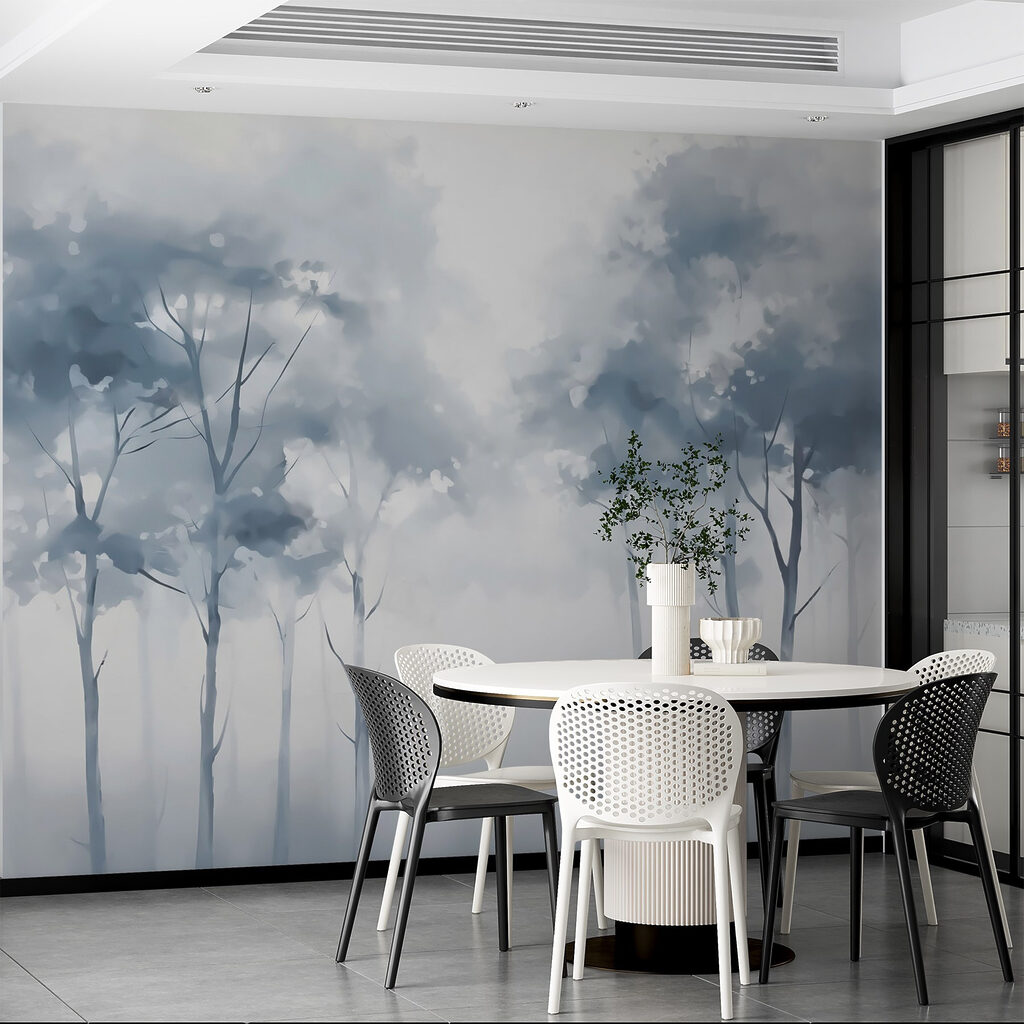 Blue trees behind mist — interior 2