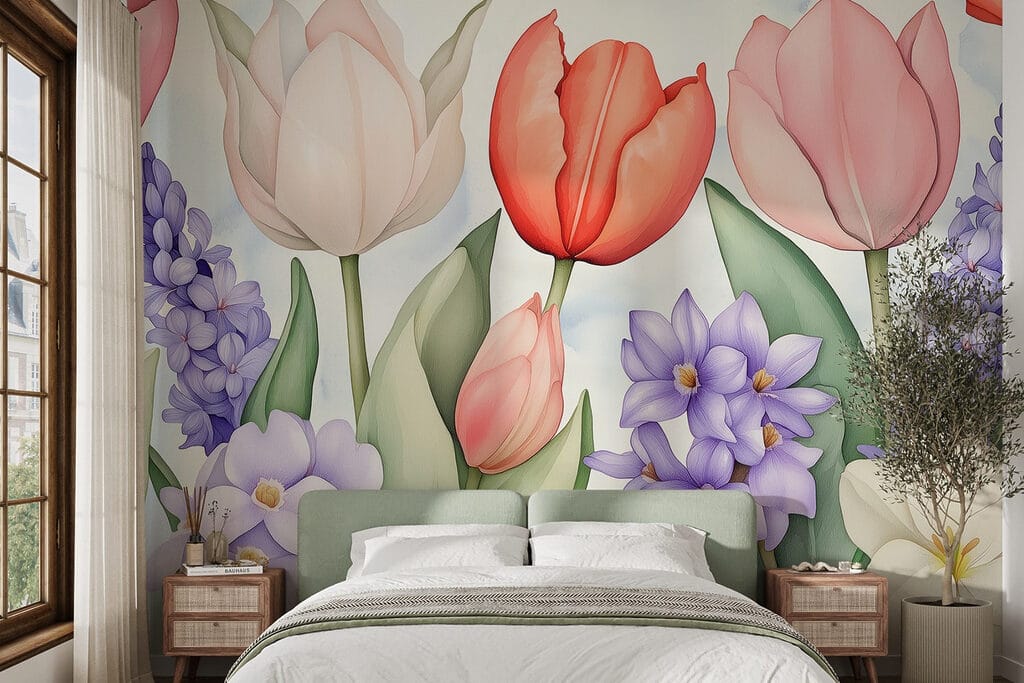 Tulips among purple flowers — interior 1