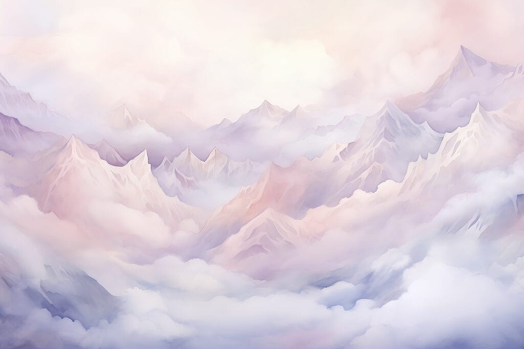 Pink clouds beneath peaks — full design