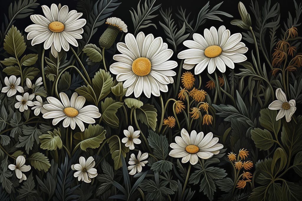 Daisies against dark leaves — full design