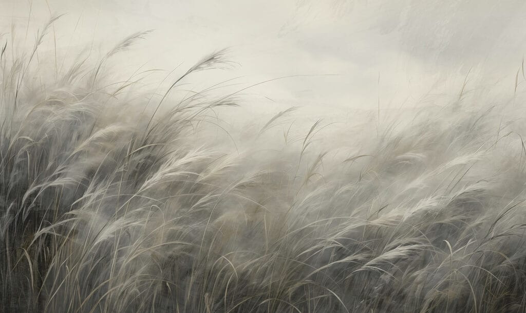 Grasses bending in mist — full design