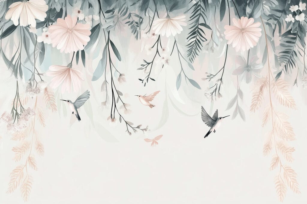 Hummingbirds under hanging branches — full design