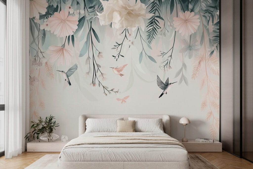 Hummingbirds under hanging branches — interior 1