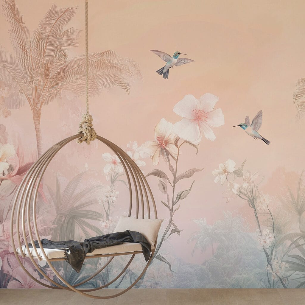 Birds above pink palms — interior 2