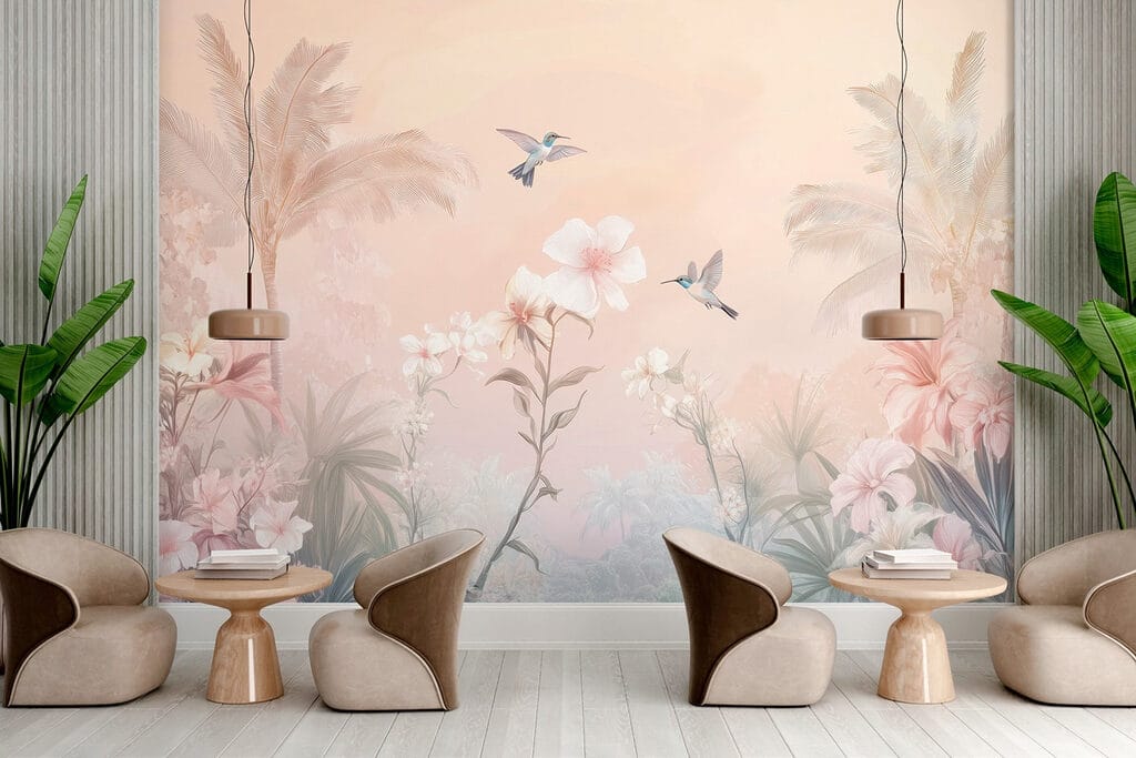 Birds above pink palms — interior 4