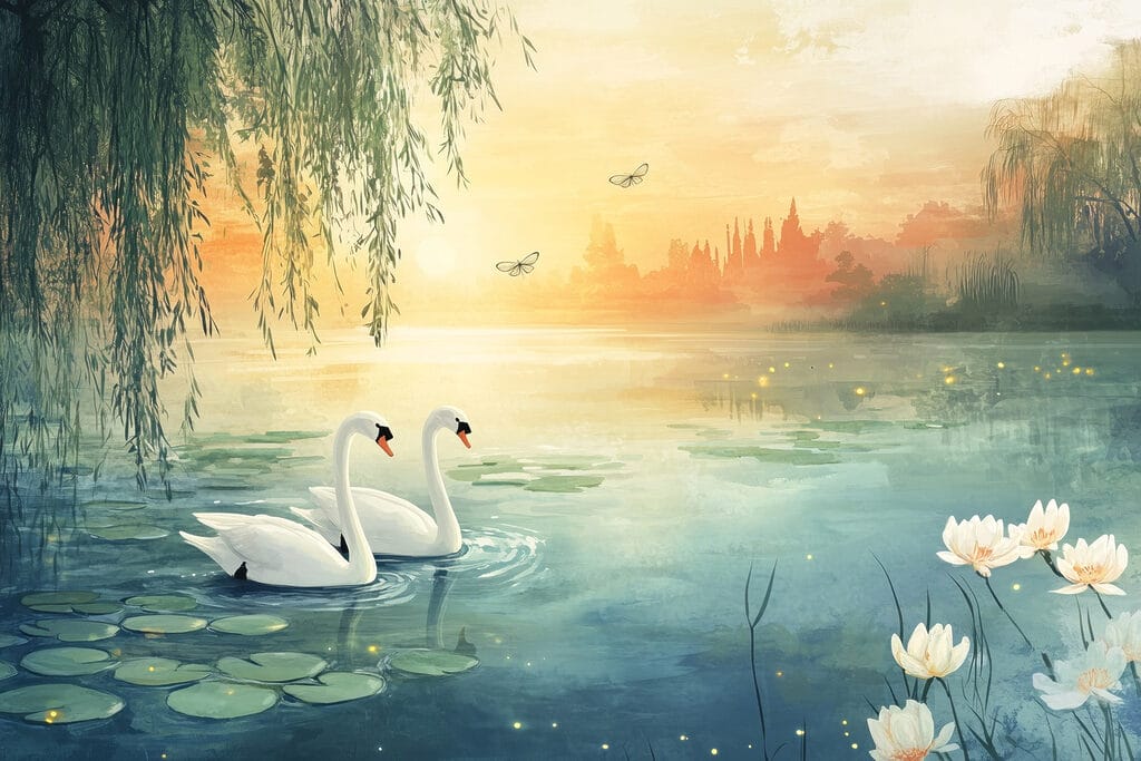Swans at golden dusk — full design