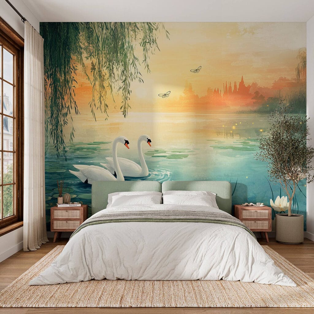 Swans at golden dusk — interior 1