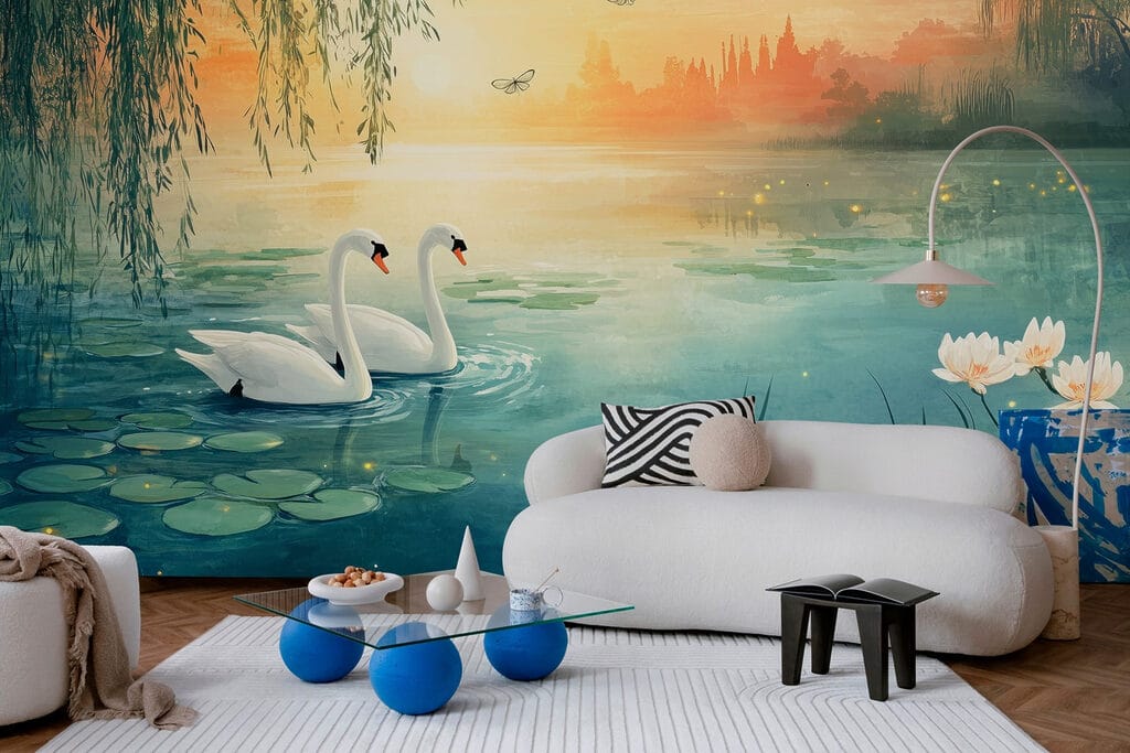 Swans at golden dusk — interior 2