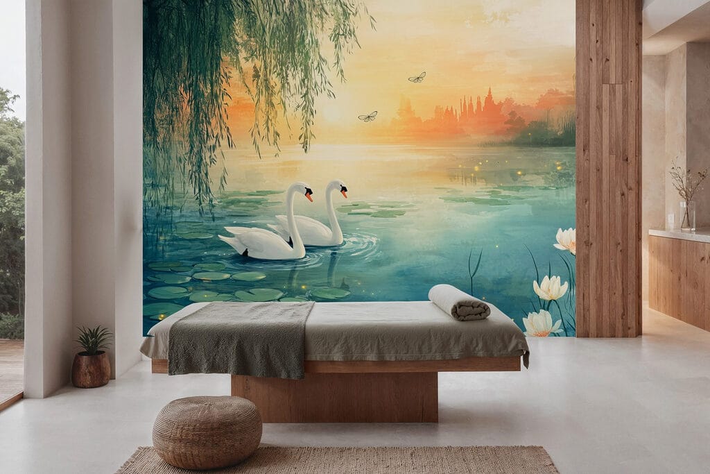 Swans at golden dusk — interior 6