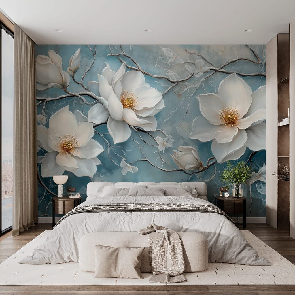 Magnolia on weathered blue — interior 1