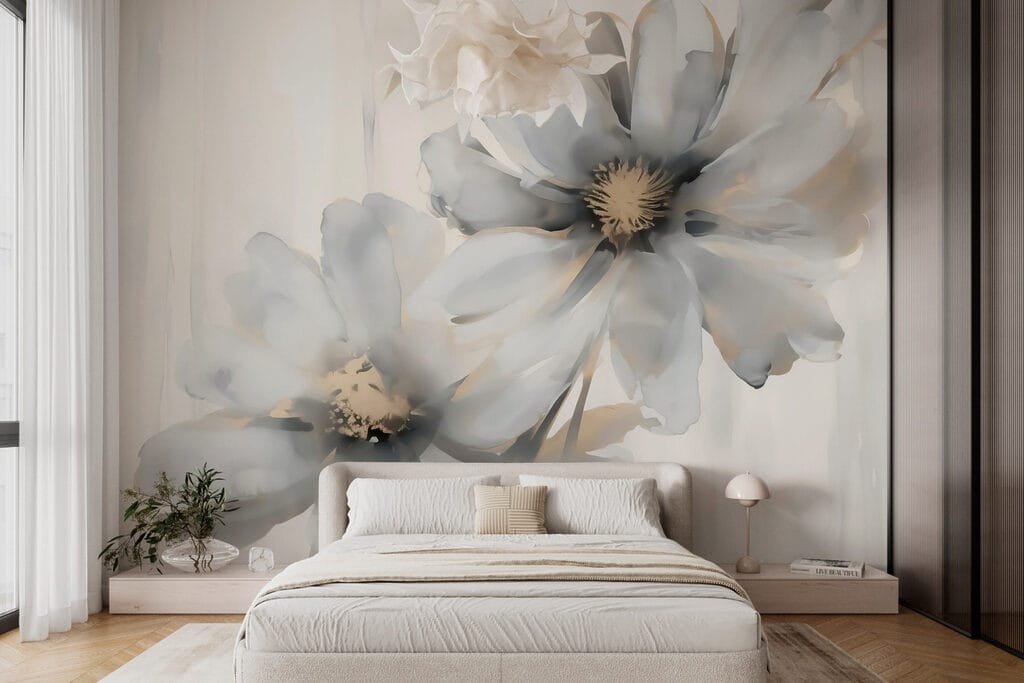 White flowers on brushstrokes — interior 1