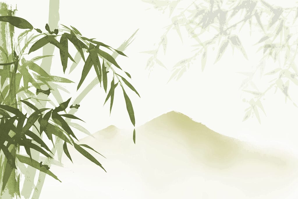 Bamboo framing soft hills — full design