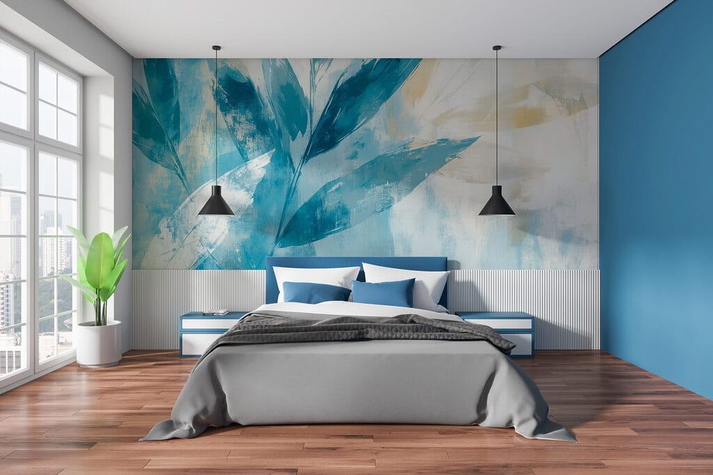 Blue leaves in brushstrokes — interior 1