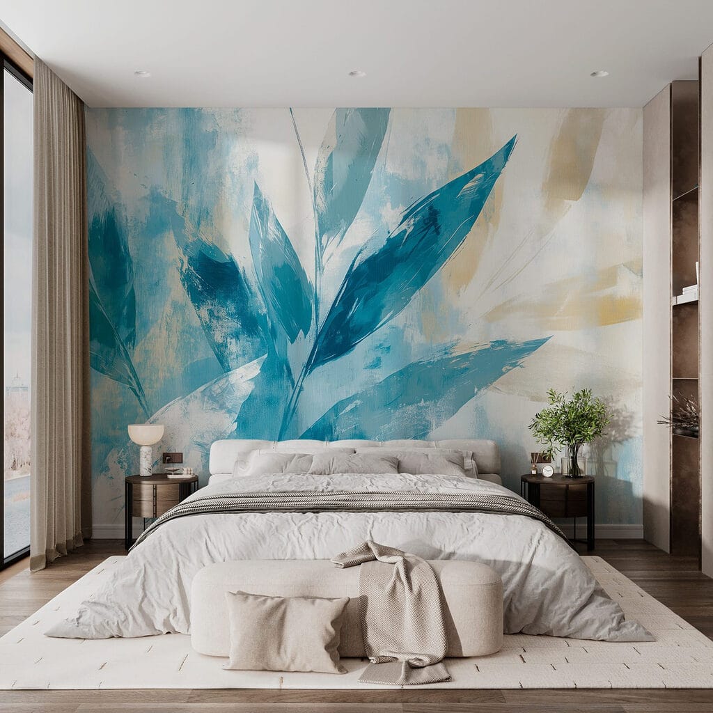 Blue leaves in brushstrokes — interior 2
