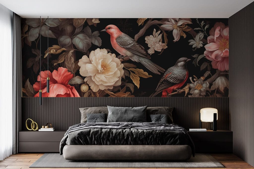 Birds among dark blooms — interior 1