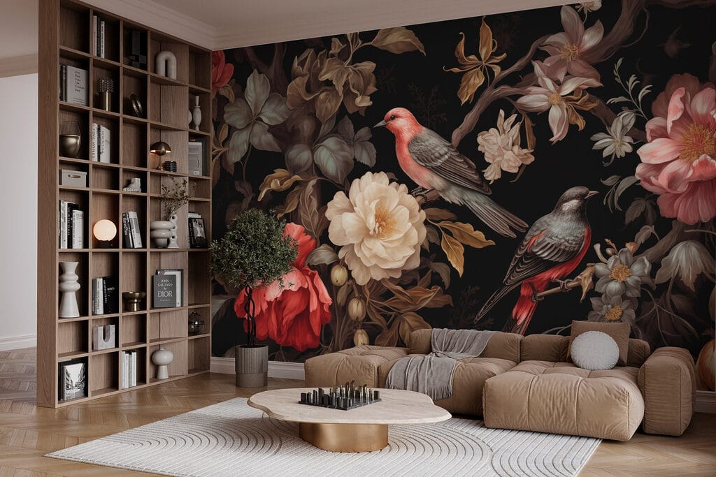 Birds among dark blooms — interior 2
