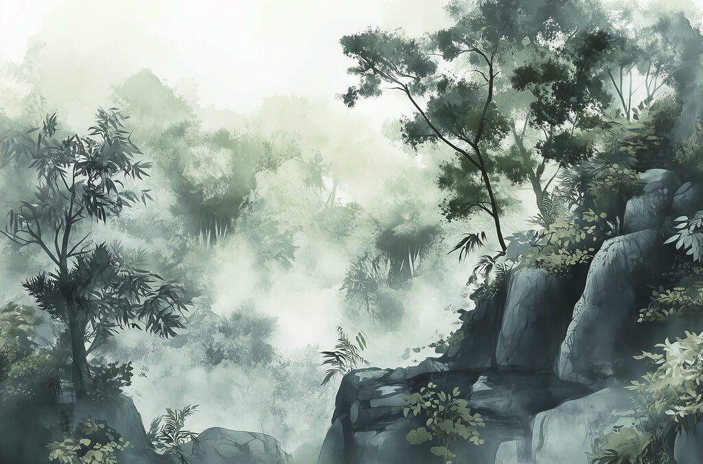 Misty forest and rocks — full design