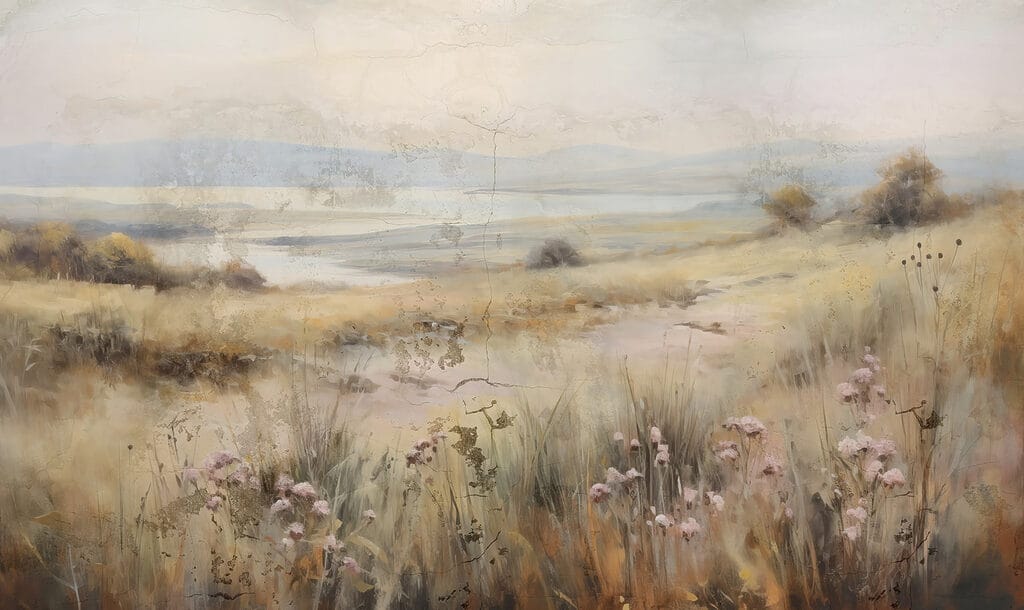 Flowers over misty grassland — full design