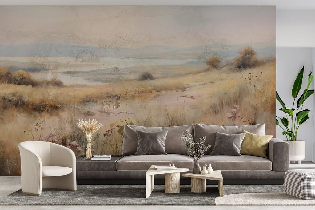 Flowers over misty grassland — interior 1
