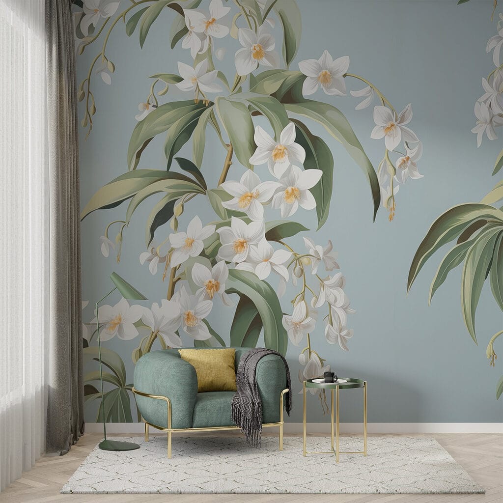 Hanging blooms on blue — interior 1