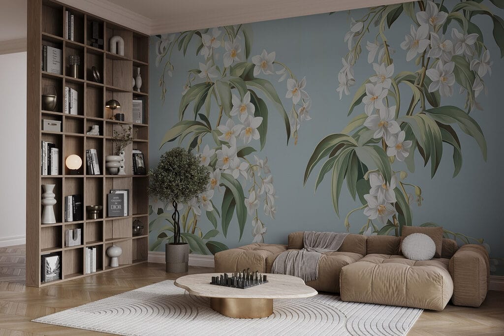 Hanging blooms on blue — interior 2