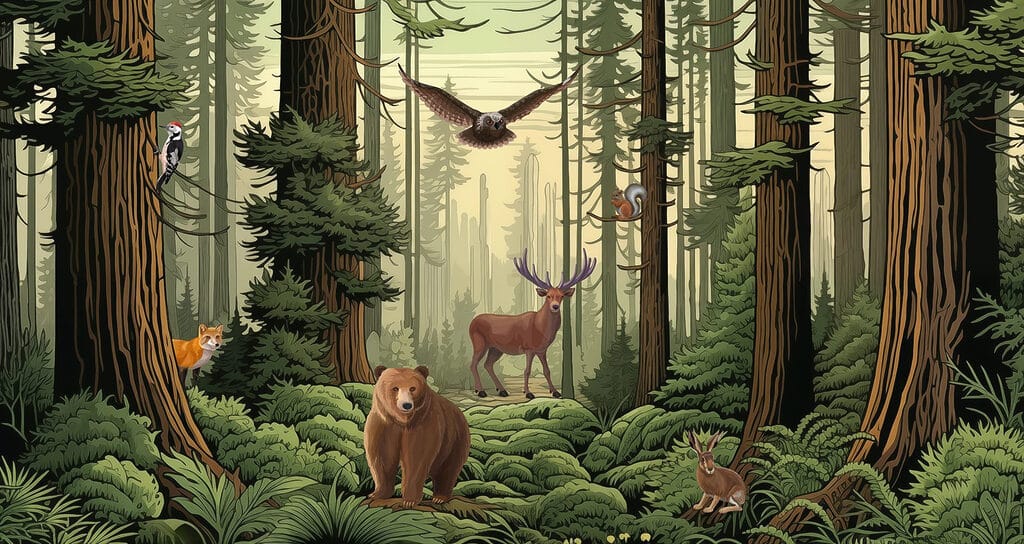 Forest animals among trunks — full design