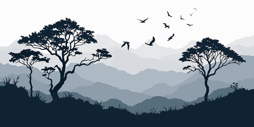 Birds above tree silhouettes — full design