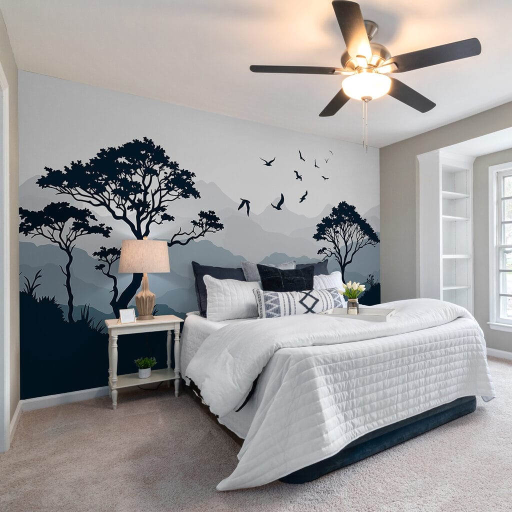 Birds above tree silhouettes — interior 1
