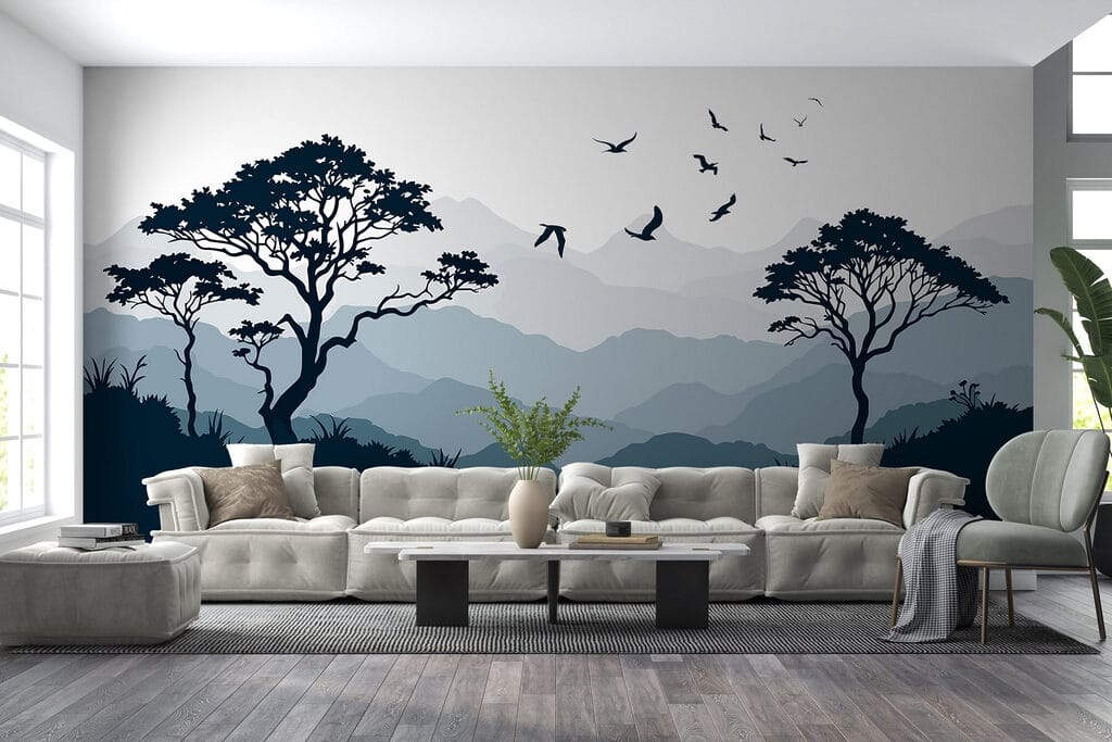 Birds above tree silhouettes — interior 2