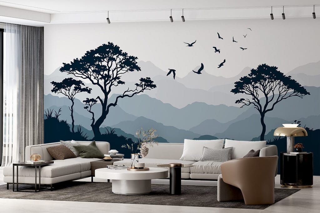 Birds above tree silhouettes — interior 3