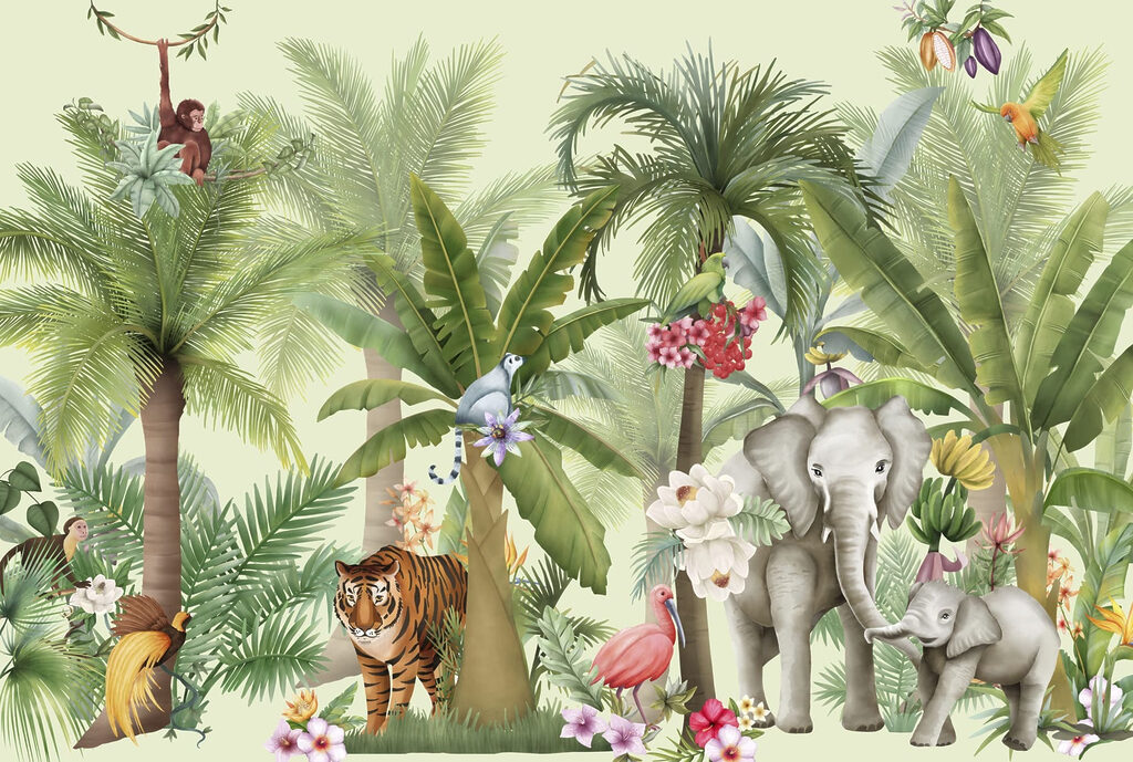 Jungle animals under palms — full design