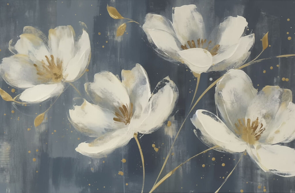 Paint-flecked white flowers — full design