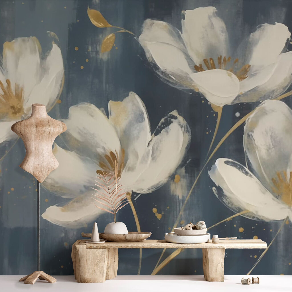 Paint-flecked white flowers — interior 1