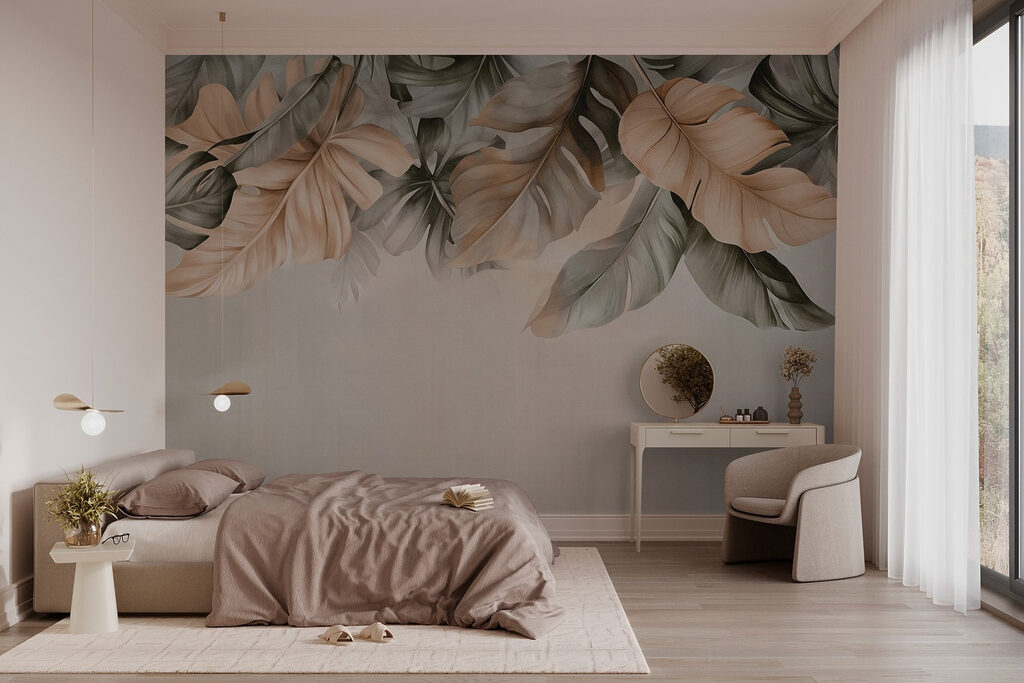 Hanging leaves over taupe — interior 1