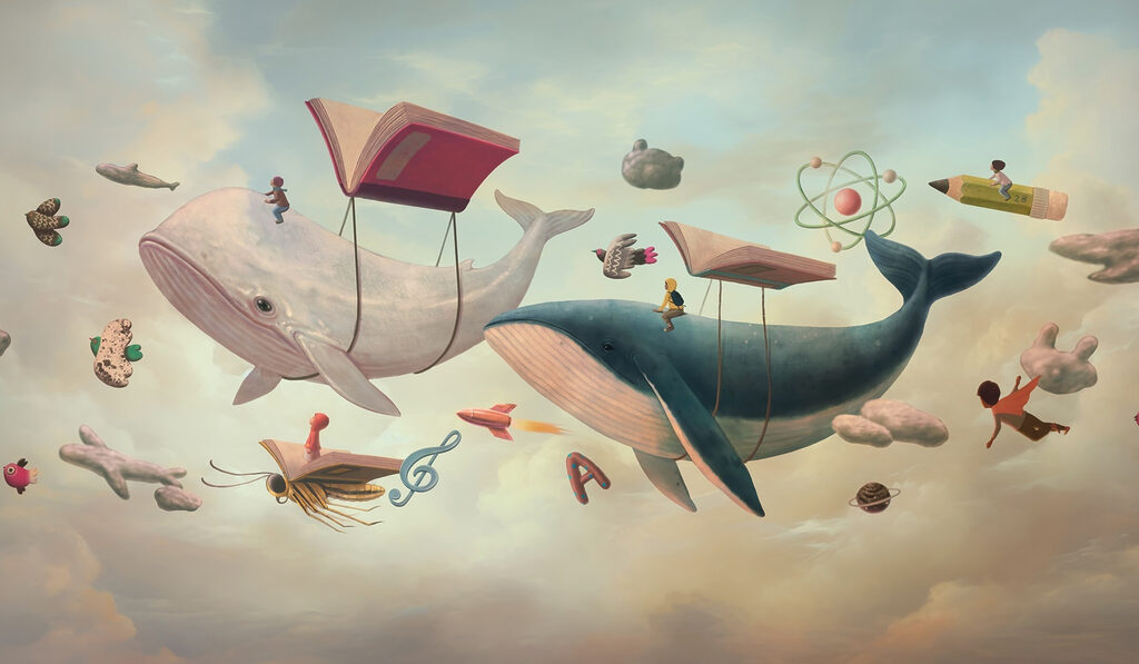 Whales among floating books — full design